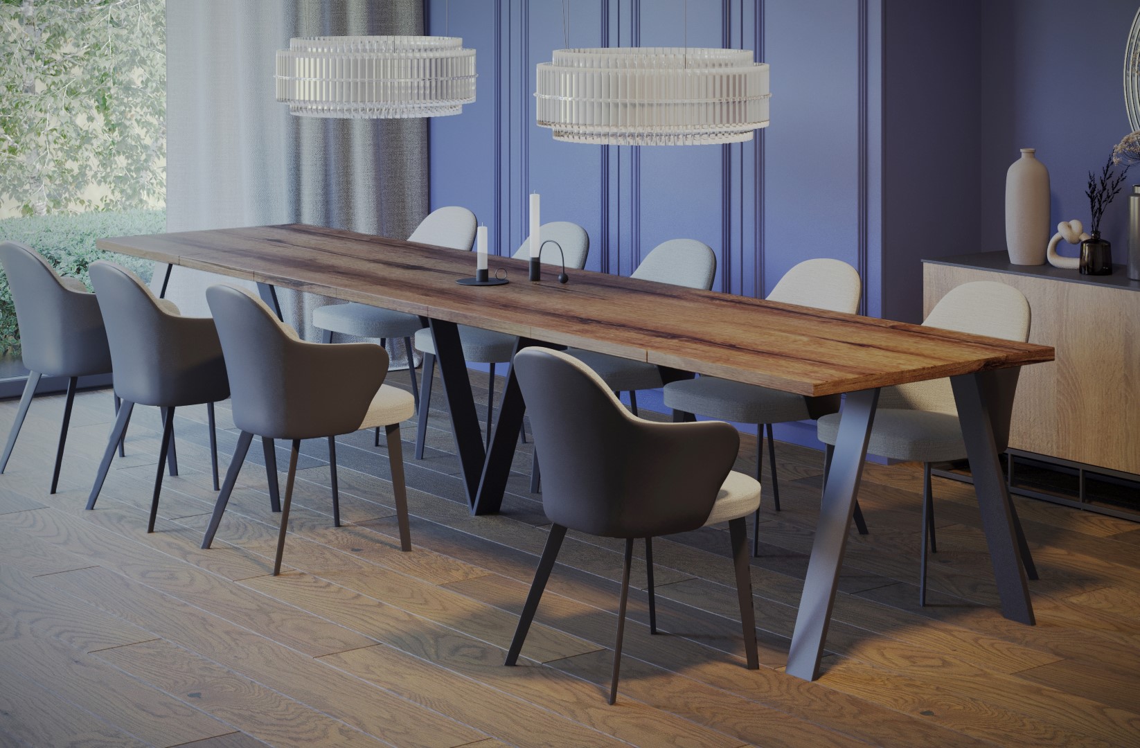 Table à Manger Extensible Titan 130 à 405 Cm - Pour 12 Personnes, Plateau Imitation Chêne, Piétement Noir - Sterling Eiche